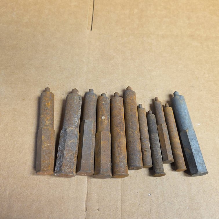 11 Steel Center Punches with Hexagonal and Knurled Bodies, Mixed Sizes, Some with Rust