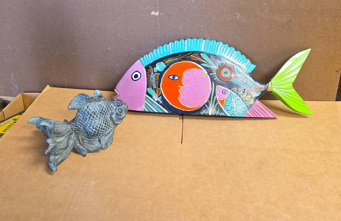 Hand-Painted Wooden Fish Sculpture and Cast Metal Fish Figurine, 15.5" Long, Pair of Decorative Fish
