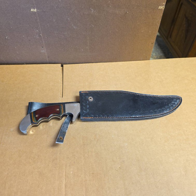 Indian Cutlery Pakistan Survival Knife with 12" Blade, Sawback Spine, Wood Handle, and Leather Sheath