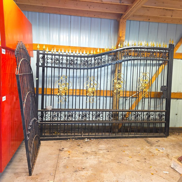 Wrought Iron Entry Gate With Decorative Gold Accents, Includes Main Gate and Matching Section