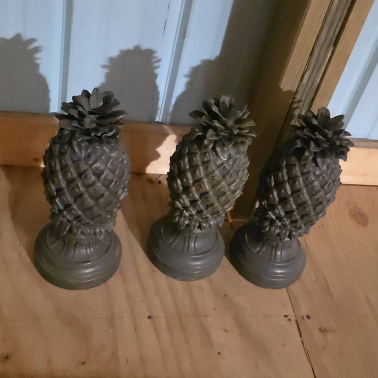 Three Pineapple Garden Statues With Base, Resin, Each 15 Inches Tall