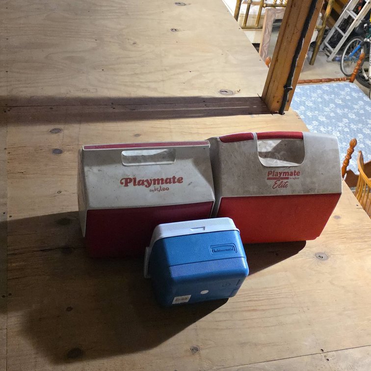 Igloo Playmate and Playmate Elite Red Coolers and Small Blue Rubbermaid Cooler, Three Coolers Total