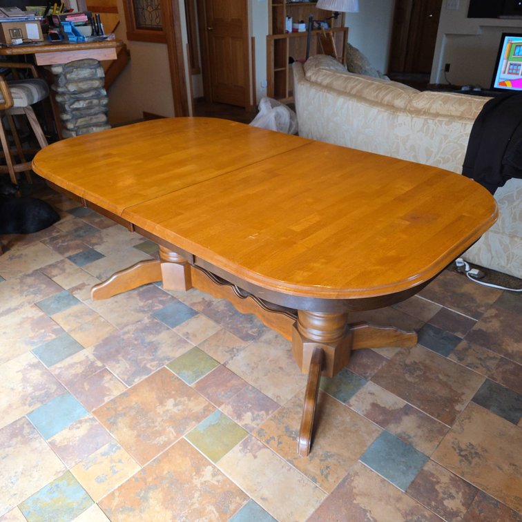 Expandable Wooden Dining Table with Double Pedestal Base and Built-In Leaf System