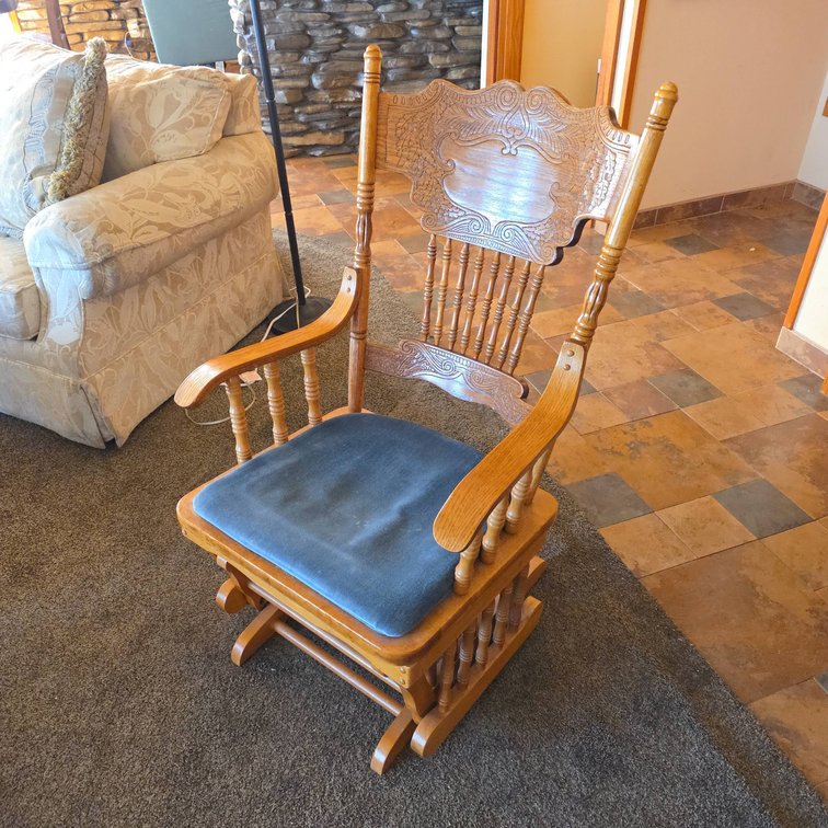 Carved Oak Spindle Back Glider Rocking Chair with Blue Upholstered Seat