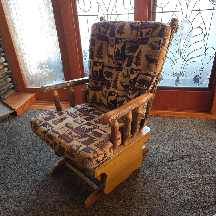 Rustic Wooden Rocking Glider Chair With Bear and Pine Print Upholstery, Spindle Arms