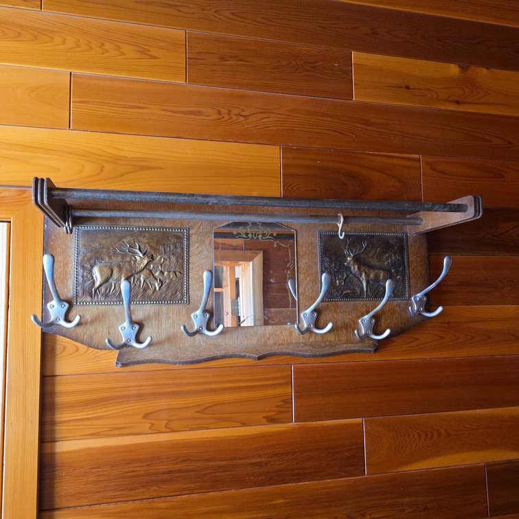 Wood Wall Rack with Metal Deer Relief Panels, Mirror, and Five Double Hat & Coat Hooks