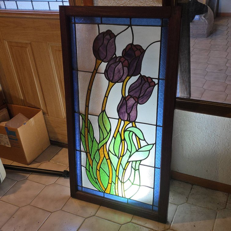 Leaded Stained Glass Window Panel With Purple Tulips, Green Leaves, Blue Border, Wood Frame