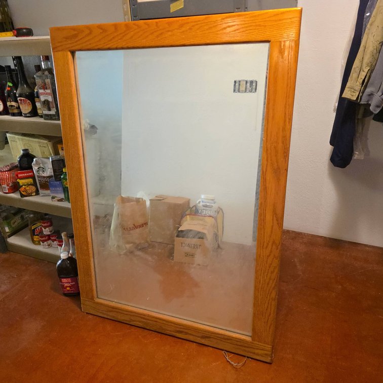 Large Rectangular Mirror with Oak Finish Wooden Frame and Hanging Wire