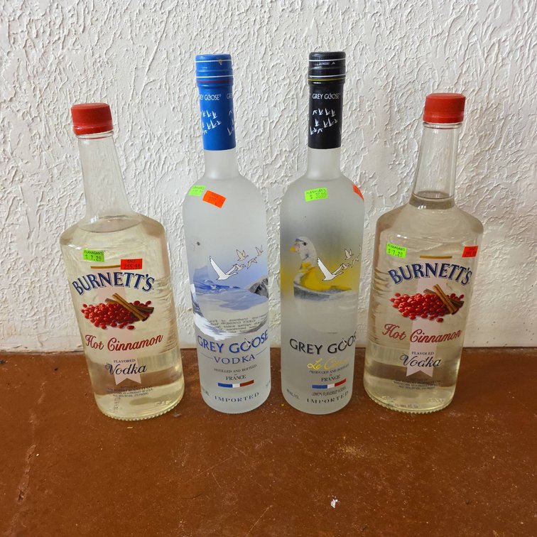 4 Vodka Bottles: 2 Burnett's Hot Cinnamon, Grey Goose, Grey Goose Le Citron