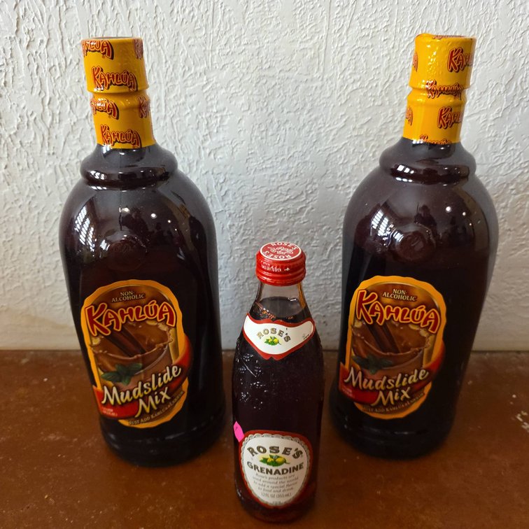 2 Kahlúa Non-Alcoholic Mudslide Mix Bottles and Rose's Grenadine Syrup Bottle