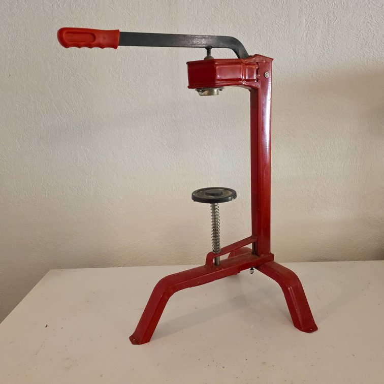Metal Hand-Operated Wine Bottle Corker with Red Handle and Frame, Lever Action, Tabletop Design
