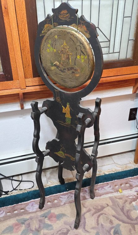 Decorative Painted Gong With Asian Motif on Wooden Stand, Includes Mallet