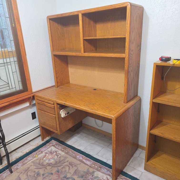 Oak Veneer Pressboard Office Desk with Hutch, Left-Side Drawers, Integrated Power Strip, and Cable Port