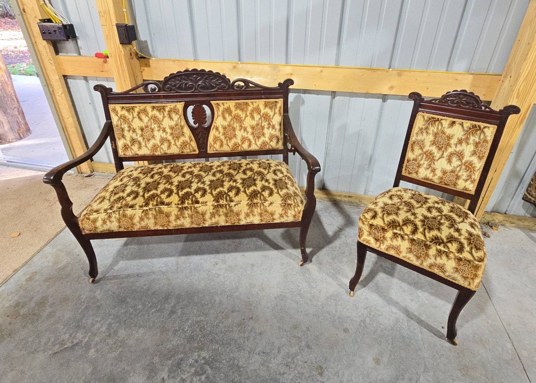 Victorian Style Carved Wood Settee and Chair Set with Floral Upholstery,