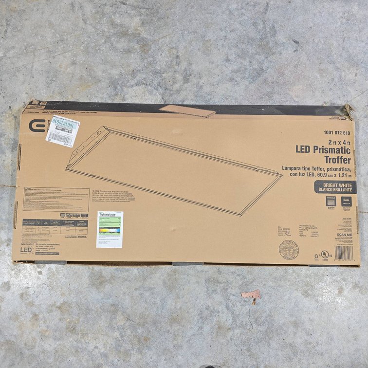 Commercial Electric 2 x 4 ft LED Prismatic Troffer Ceiling Light, Bright White, Dimmable, Unused
