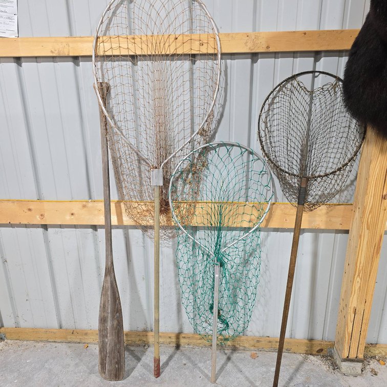 Three Fishing Nets and Wooden Oar, Longest Net Measures About 7 Feet