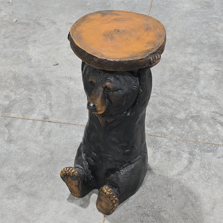 Bear-Themed Sculptural Side Table with Tree Stump Top, 23 in Tall, Animal Motif Accent Furniture