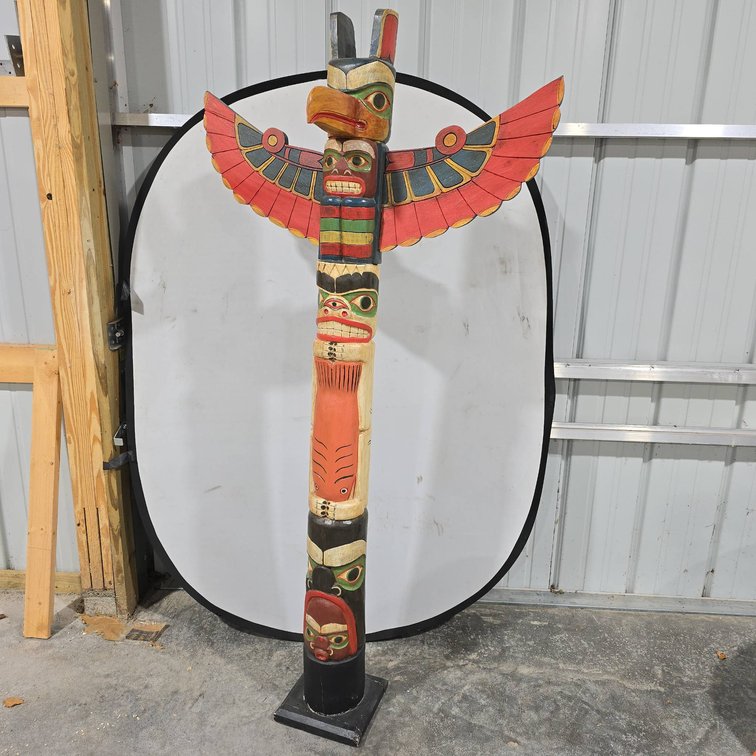 Hand-Carved Painted Wood Totem Pole with Removable Wings, 79 In Tall, Multicolor Design