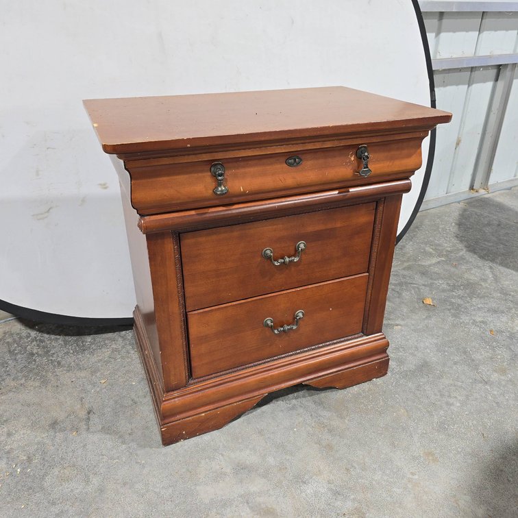 Wooden Dresser Side Table with Dovetail Joints, Two Drawers, One Small Chip, Measures 28 x 18 x 29 Inches