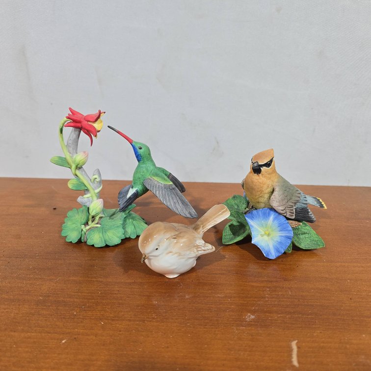 Lenox Fine Porcelain Cedar Waxwing, Broad-Billed Hummingbird, and Small Bird Figurines, Tallest 4.5 In