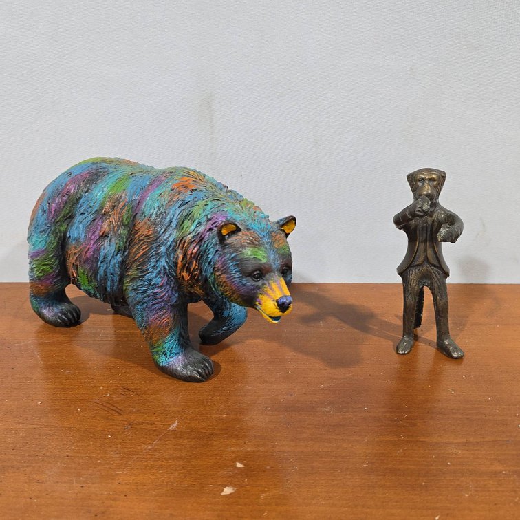 Brass Monkey Figurine and Colorful Resin Tie-Dyed Bear Sculpture Pair