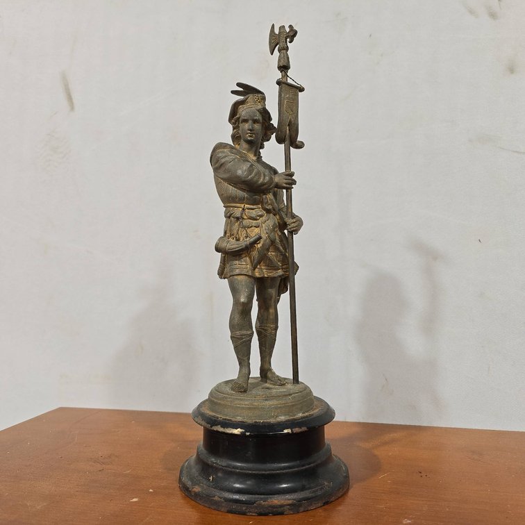 Late 19th Century Italian Spelter Guard Statue with Halberd, 18 Inch Tall, on Round Plinth Base