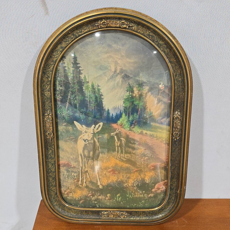 W A Carson Lithograph With Deer and Mountain Scene, Original Art Nouveau Frame, Bubble Glass