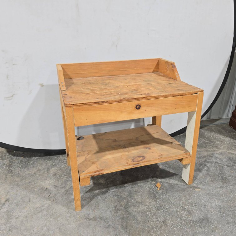 Wooden Work Table with Drawer and Lower Shelf, Pine Construction, Rectangular Form
