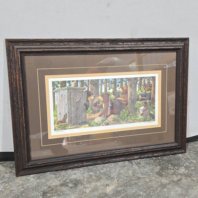 Jeffrey Severn Signed Print "Gotta Go" Framed Art Featuring Bears and Raccoons Outside Outhouse