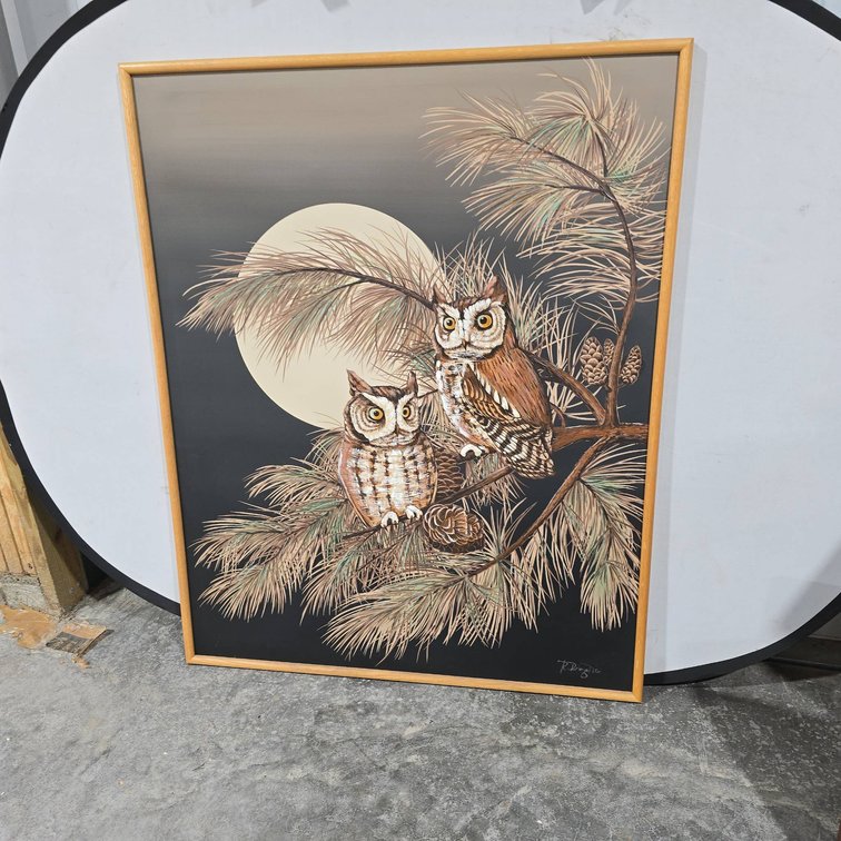 R. DelongPrie Texturized Lithograph Owl Painting, Pine Boughs and Moon, Framed