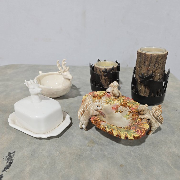 Deer Butter Dish, White Decorative Bowl With Deer Head, Squirrel Nut Dish, Two Moose Candle Holders
