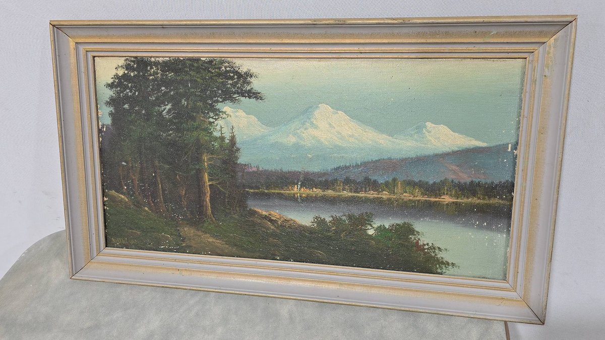 Antique Signed Landscape Oil Painting of Snow-Capped Mountains, Lake, and Forest, 27x16 Frame, Some Paint Loss