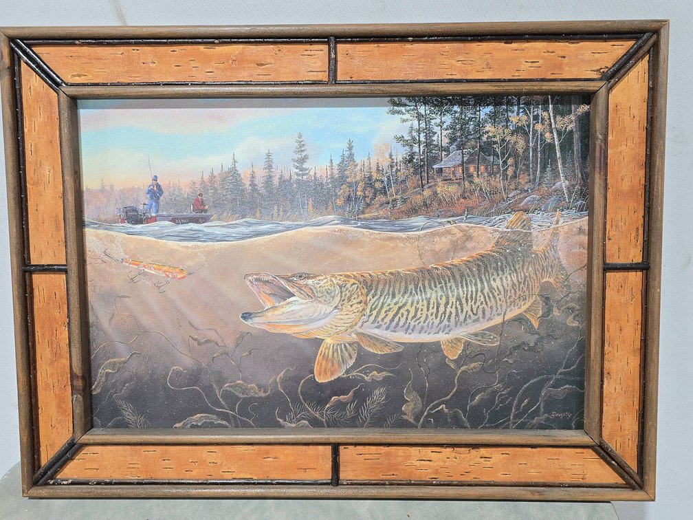 Tiger Muskie Print by Doughty with Fishermen, Cabin, and Boat, Rustic Wooden Frame, 30 x 22 Inch Frame