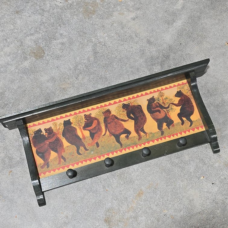 Memphis 25 Inch Wall Shelf With Dancing Bear Picture And Four Peg Coat or Hat Rack