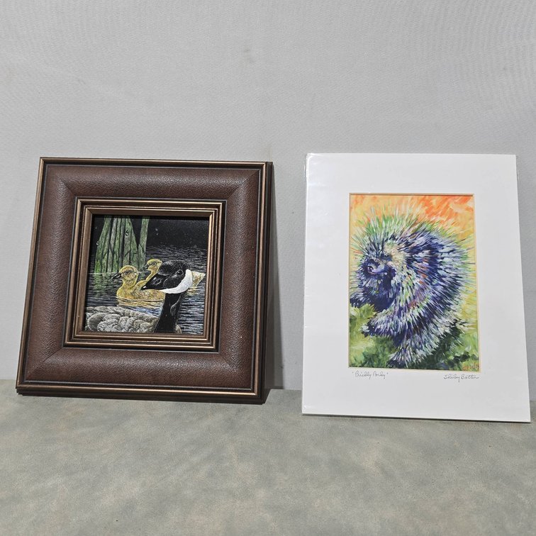 Shirley Battin 8x10 "Prickly Porky" Porcupine Print and Framed Canadian Goose with Goslings Artwork Pair