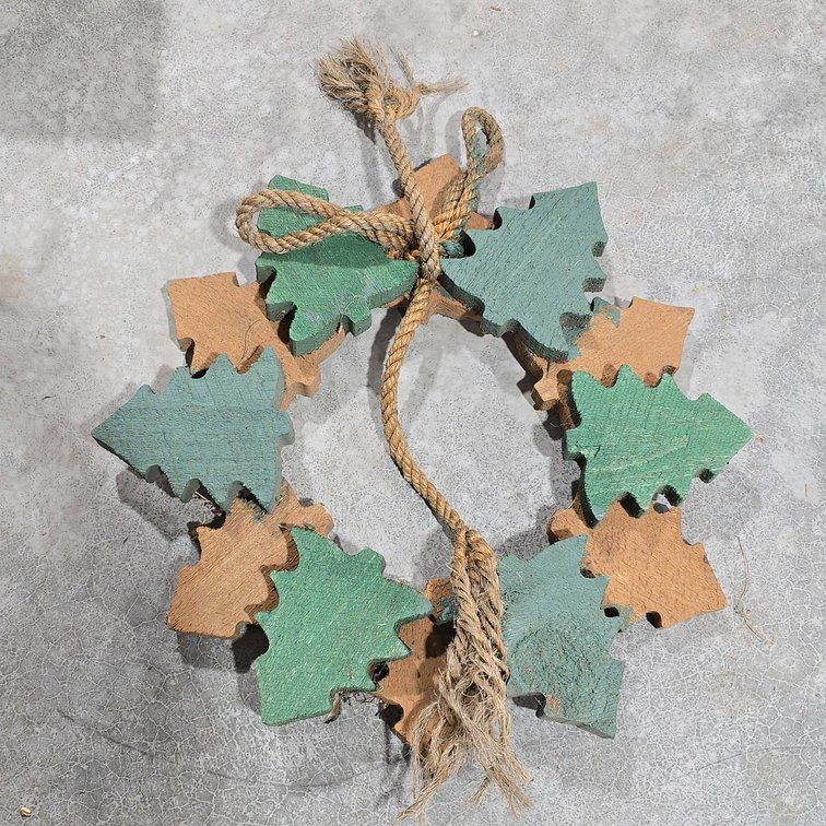 Wooden Christmas Tree Cut Out Wreath With Rope Bow, Painted Green, Red, and Brown