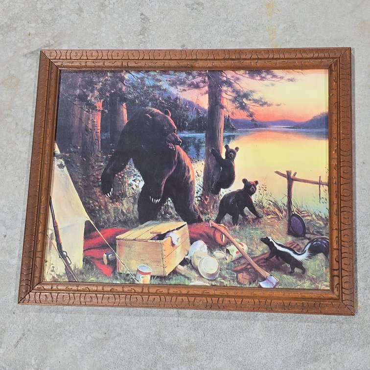 Reprint Lithograph of "A Time for Action" by Philip R. Goodwin, Framed Wildlife Camp Scene