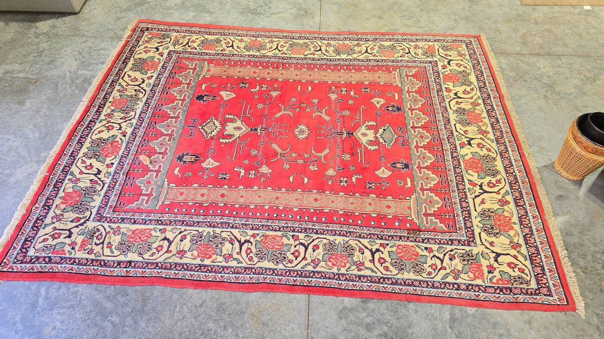 Hand Woven Area Rug With Red Floral Motif and Cream Border, 116 x 90 Inches