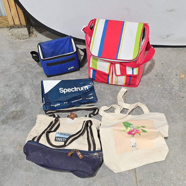 Canvas Over the Shoulder Bags, Shopping Bags, Plastic Bags, Two Lunch Coolers, and Picnic Basket