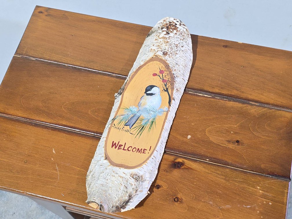 Hand-Painted White Birch Slice With Chickadee and Winter Pine Scene Signed by Penny Smith