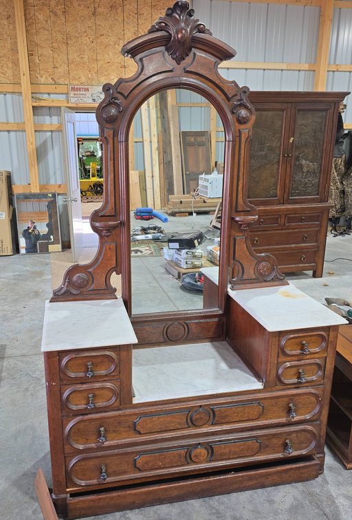 Antique Eastlake Walnut Dresser With Drop Pulls, Marble Tops, Mirror, and Hidden Bottom Drawer