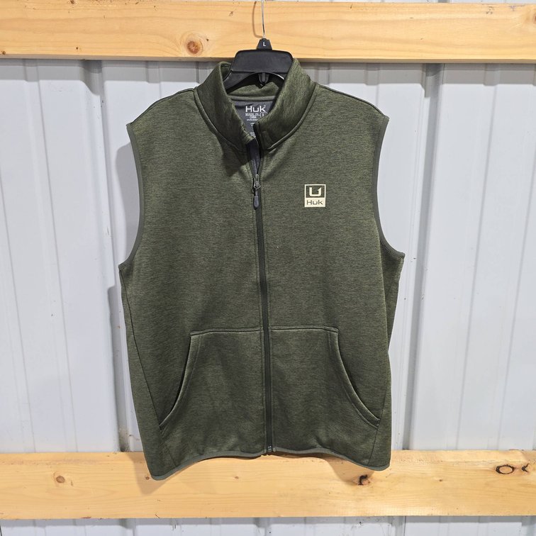 Huk Olive Green Large Vest with Zipper Front, Pouches, Polyester Blend, Made in China