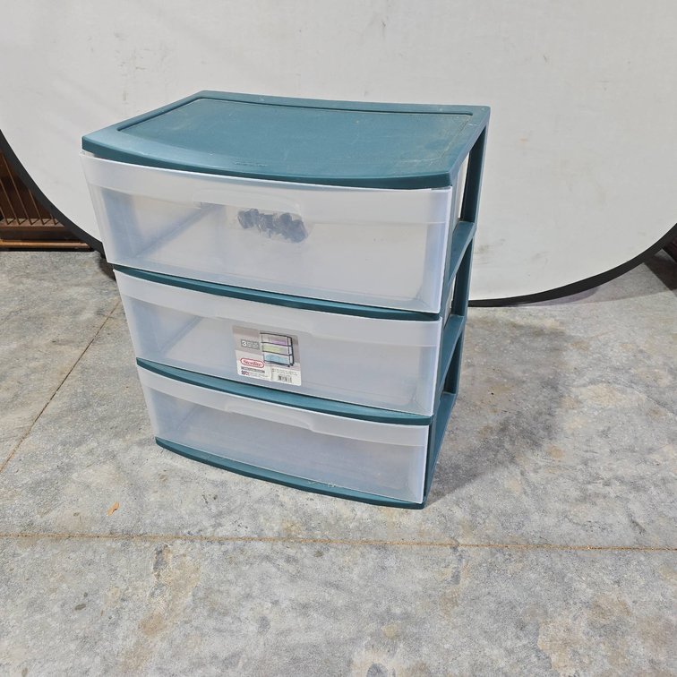 Sterilite 3 Drawer Chest With Wheels, Plastic Storage Cart, Teal Frame, Clear Drawers
