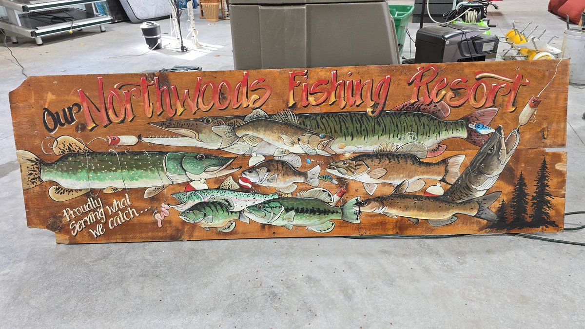 Hand-Painted Wooden Northwoods Fishing Resort Sign With Fish Illustrations, Measures 72x23 Inches