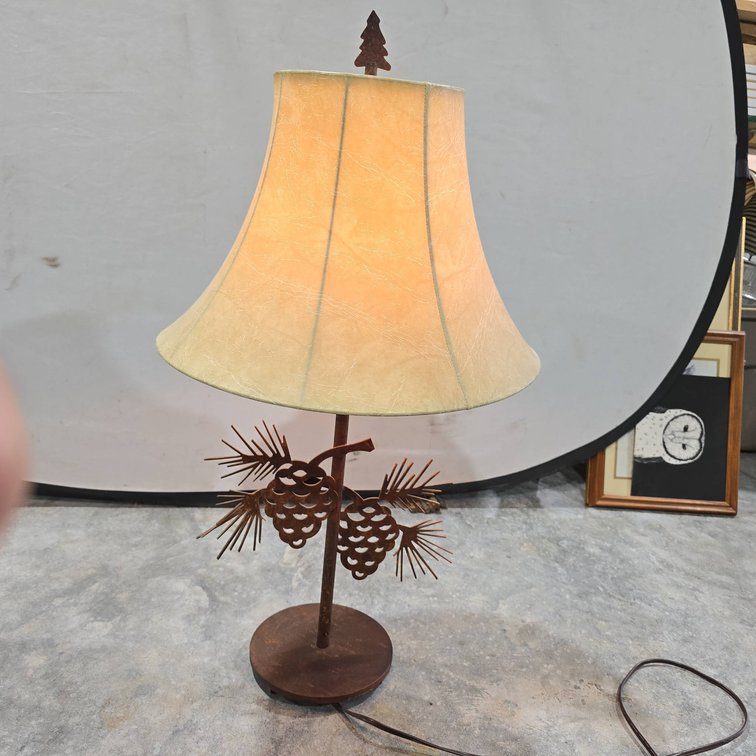 Metal Pine Cone Table Lamp With Shade, Rustic Style, Tested Working