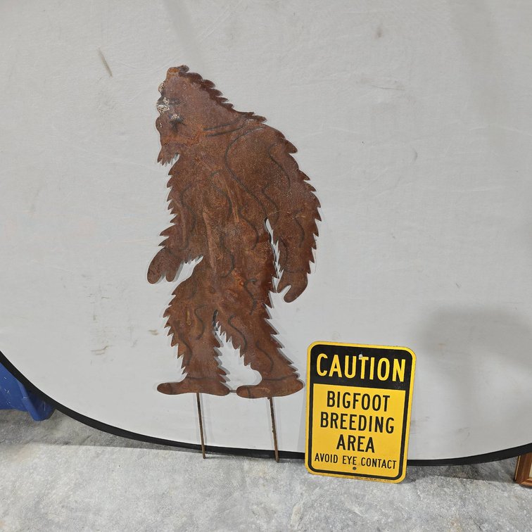 Metal Bigfoot Silhouette Figure and Metal "Caution Bigfoot Breeding Area" Sign, Bigfoot 48 In Tall Approx