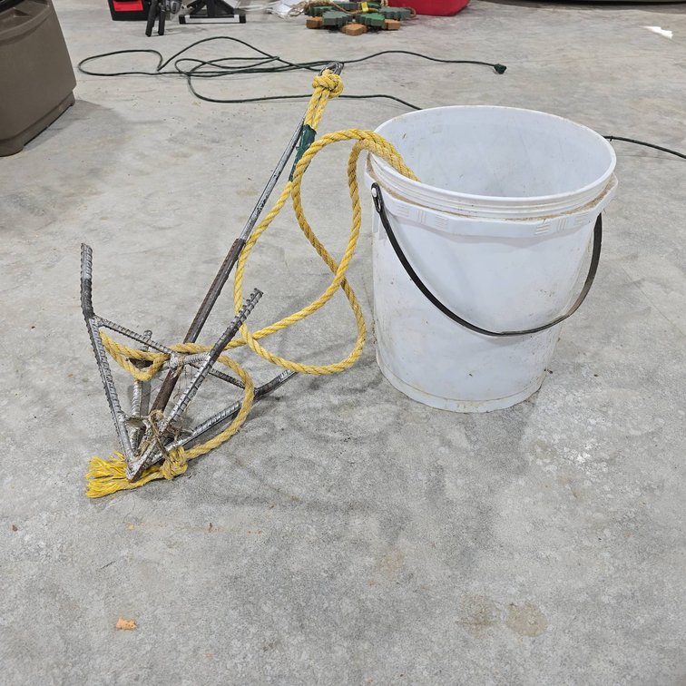 Rebar Grapple Hook with Yellow Rope and Metal Bucket Hook, Measures Approximately 30 Inches, Signs of Age