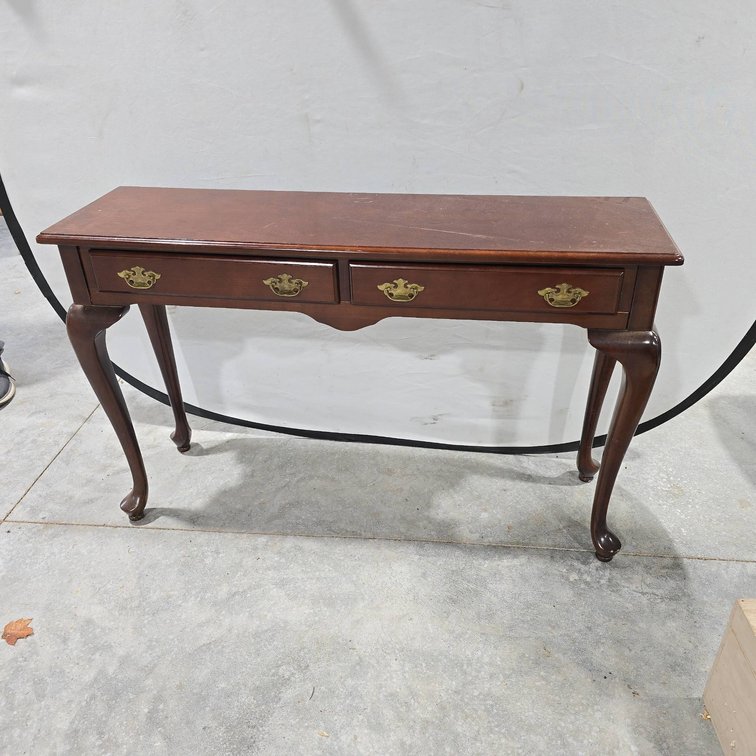 Wooden Console Table with Two Drawers, Brass Handles, Cabriole Legs, and Signs of Use