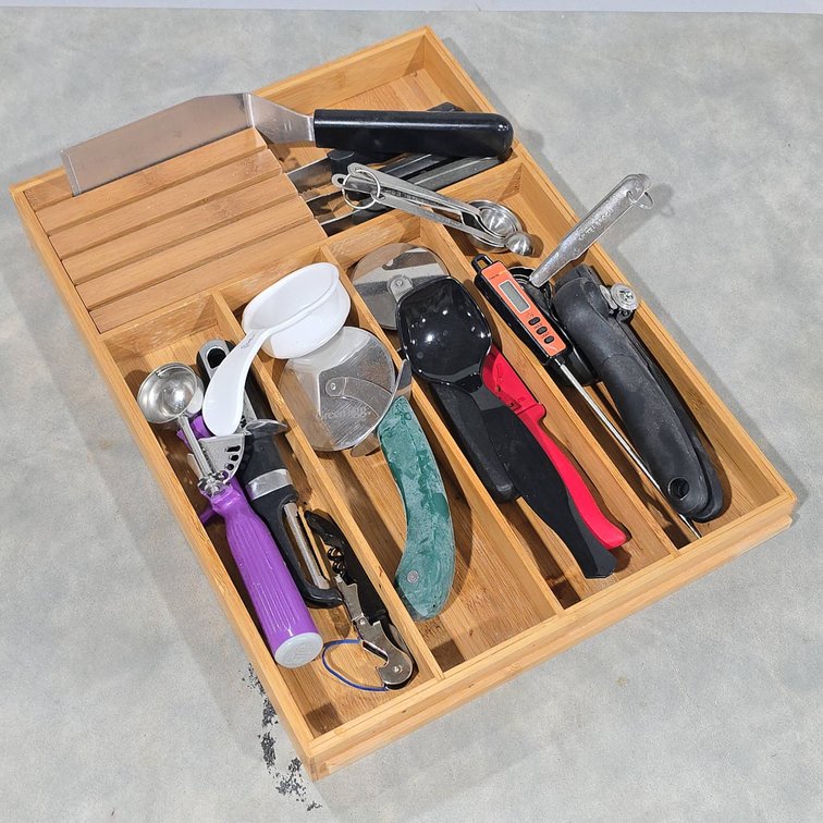 Bamboo Kitchen Drawer Organizer With Utensils: Cookie Scoops, Peelers, Bottle Openers, Pizza Cutters & Knives