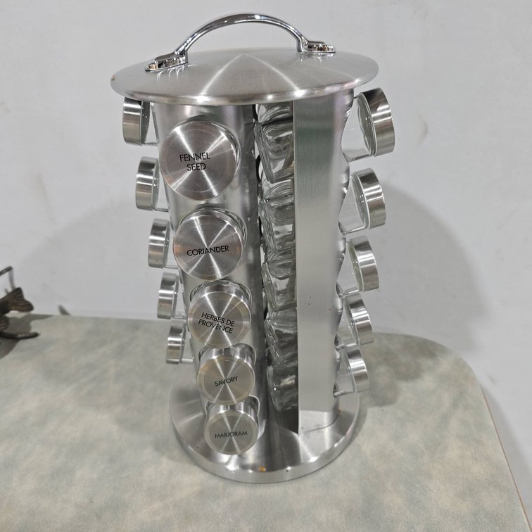 Rotating Stainless Steel Spice Rack With Glass Jars and Labeled Lids, Holds Multiple Spices